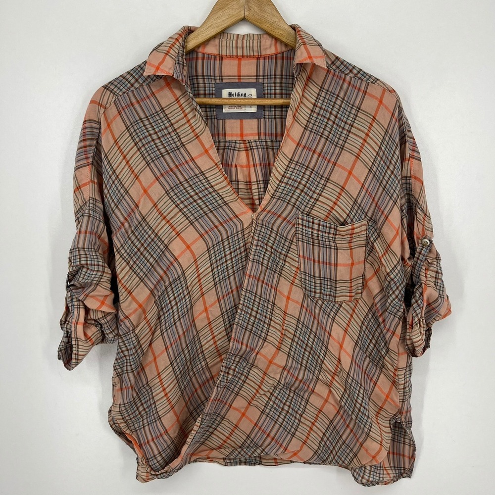 Holding Horses Anthropologie Plaid Surplice Wrap Top Roll Tab Sleeve Pink Size 6